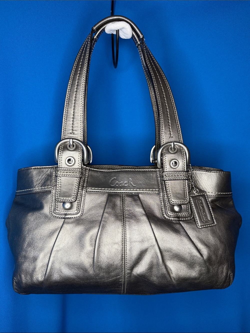 RARE COACH Y2K SOHO PLEATED METALLIC PEWTER GUNMETAL LEATHER SATCHEL / TOTE BAG